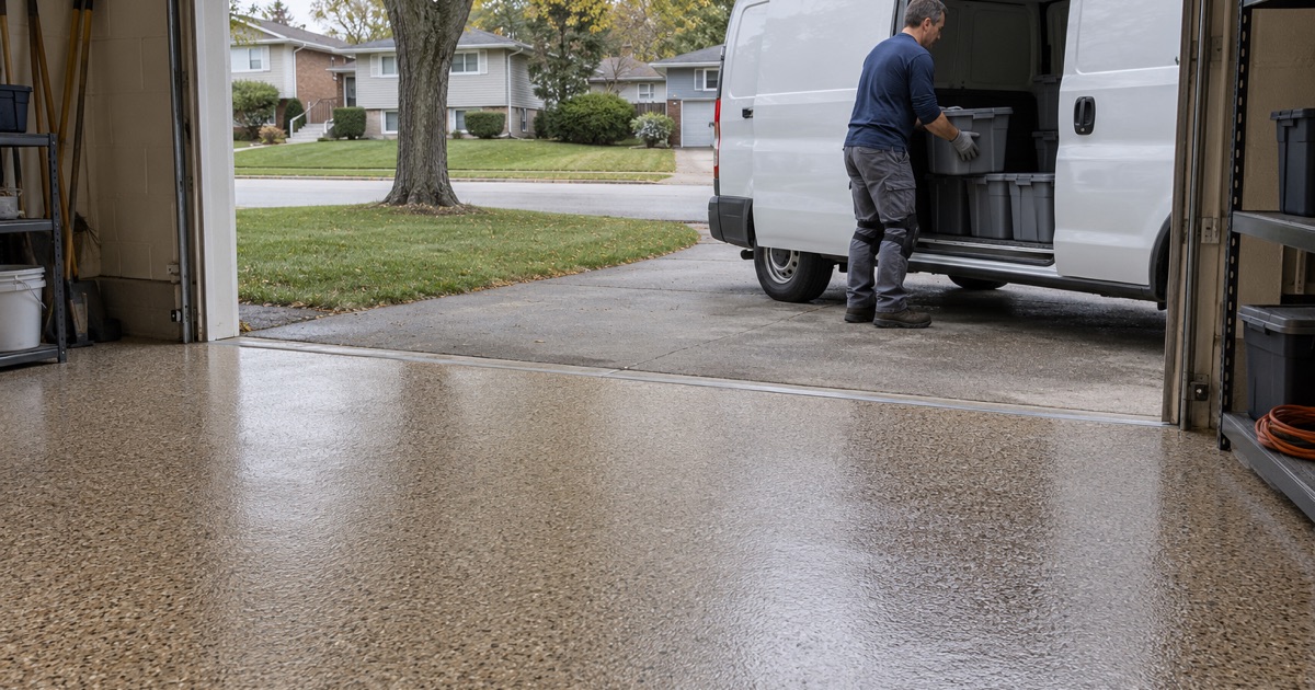 The installer loading the van in a Palatine driveway at the end of a job, the finished flake floor behind him.