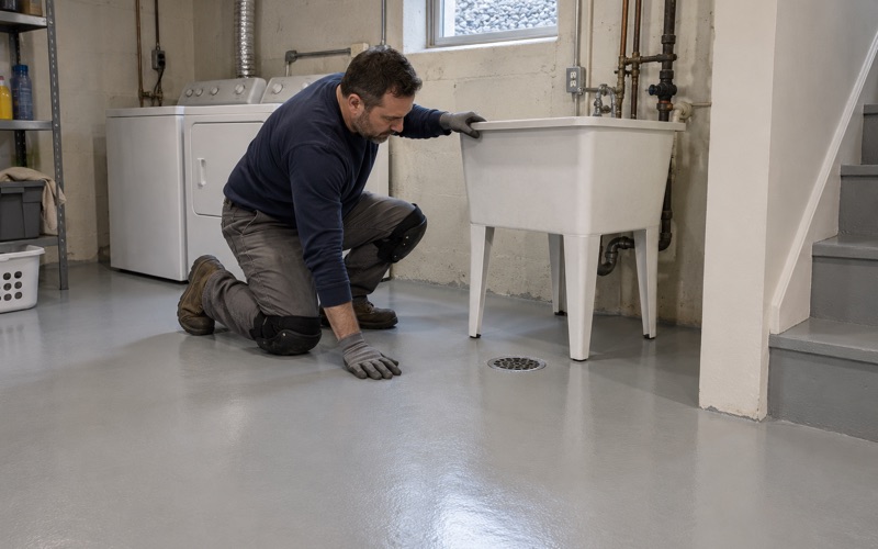 A freestanding laundry tub set back on a new light gray epoxy basement floor in a Palatine house, beside the floor drain.