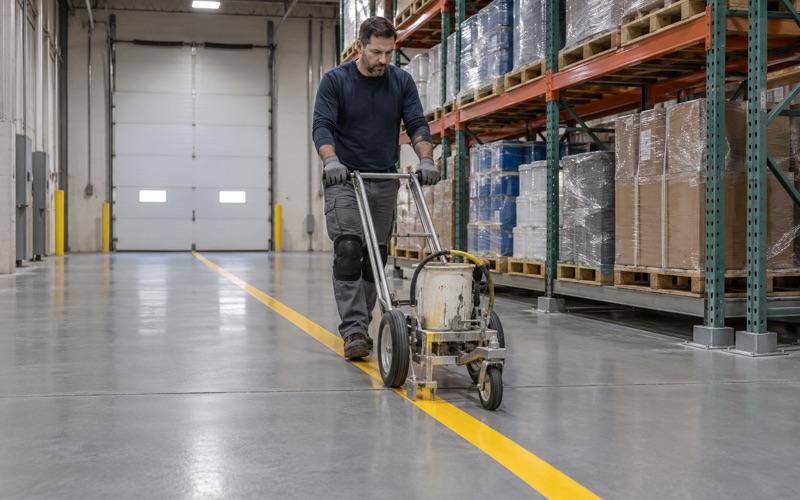 A safety-yellow aisle line laid down on a newly coated light industrial floor near Palatine, racking legs behind.