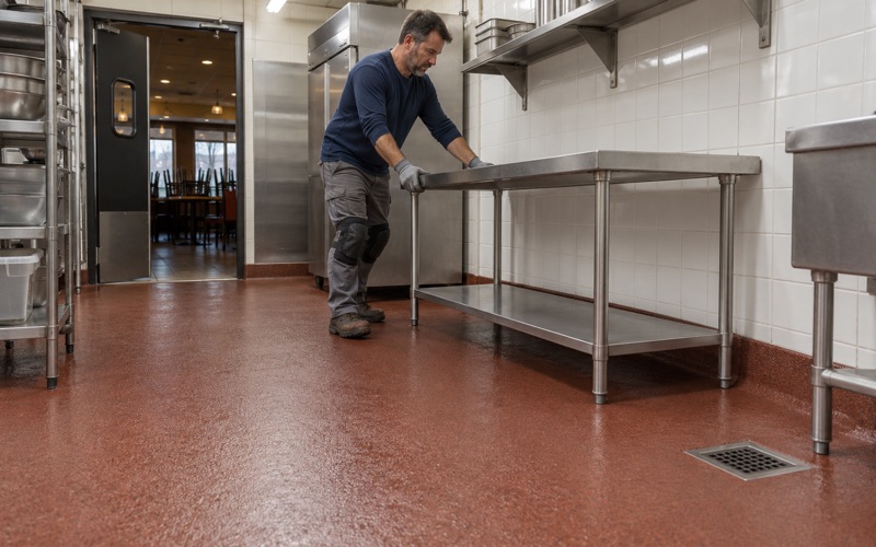 A stainless prep table slid back onto a new urethane cement kitchen floor in Palatine, the coved base rising behind it.