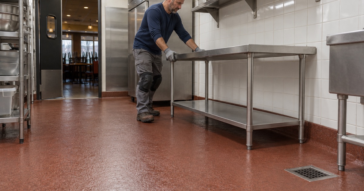 A stainless prep table slid back onto a new urethane cement kitchen floor in Palatine, the coved base rising behind it.