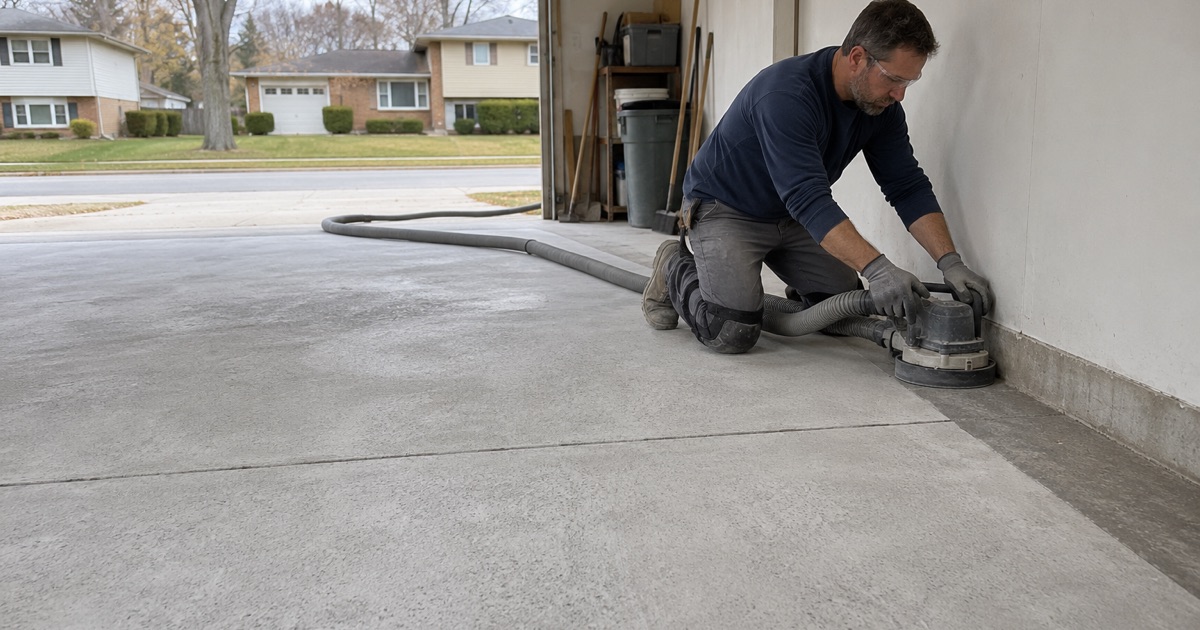 An edge grinder cutting the last strip along the wall of a Palatine garage slab, the field already ground open.