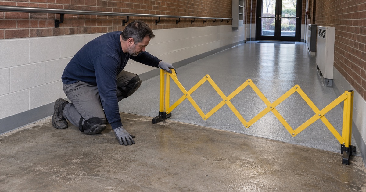 A slip-resistant textured coating going down in a Bellwood residential building corridor