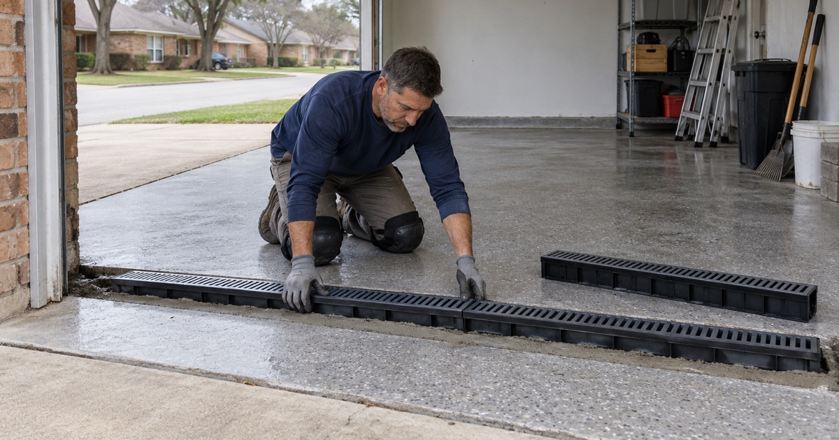 A trench drain set into a Bensenville garage slab, the kind of addition that brings a licensed plumber