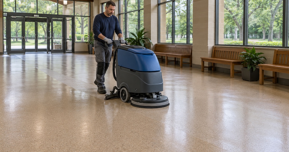 A walk-behind scrubber on the quartz-textured floor of a zoo visitor building in Brookfield, before the gates open.