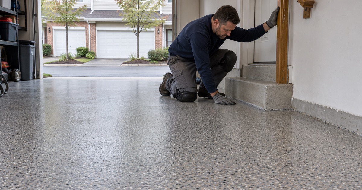 A finished flake floor in an owner’s townhome garage in Cary, coated up to the shared wall and the entry steps.