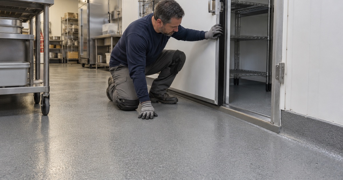A coated walk-in cooler floor behind a Deerfield restaurant, the cooler door held open on its hinges.