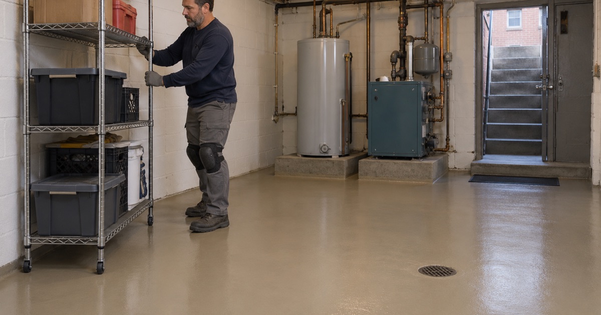 A tan epoxy floor coated between tenants in the basement utility room of a Forest Park rental building