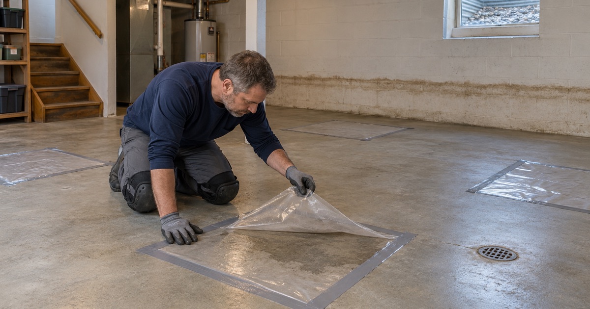 Plastic sheet moisture tests taped to a Fox Lake basement floor after flooding, one lifted to read the concrete.