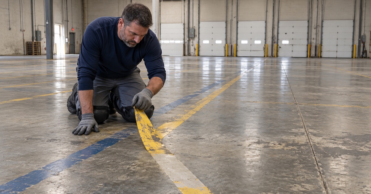 A previous tenant’s floor-marking tape peeled up from a Franklin Park warehouse slab before the floor is re-specified.