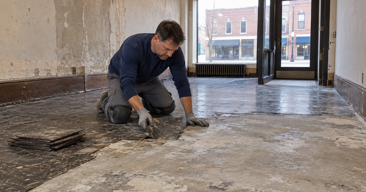 Old layered flooring lifted from a historic Hinsdale storefront, the older tile and concrete showing beneath.