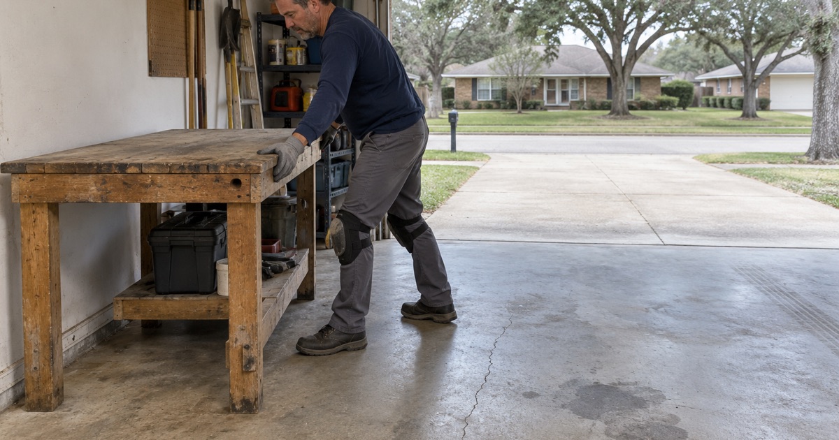 The original slab of a postwar Lake Forest attached garage, the workbench pulled out to read it before coating