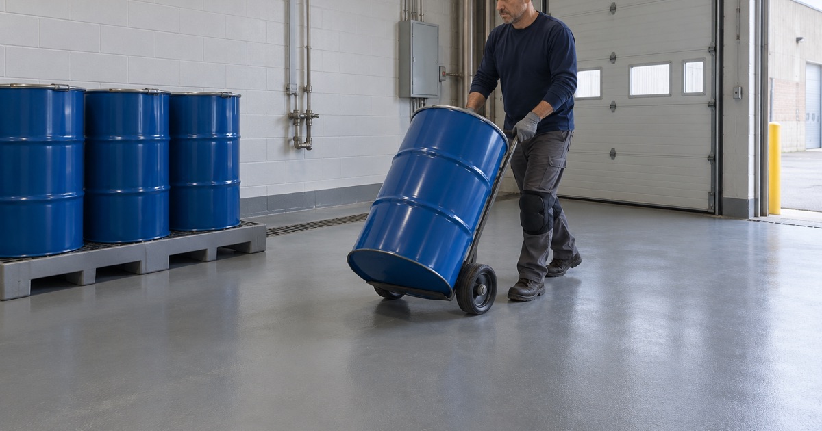 A chemical-resistant coated process floor in a Northlake plant, a steel drum moved on a drum dolly toward its spill pallet.