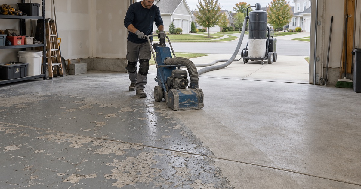 A peeling first coating removed from a 2000s Pingree Grove garage slab with a shot blaster