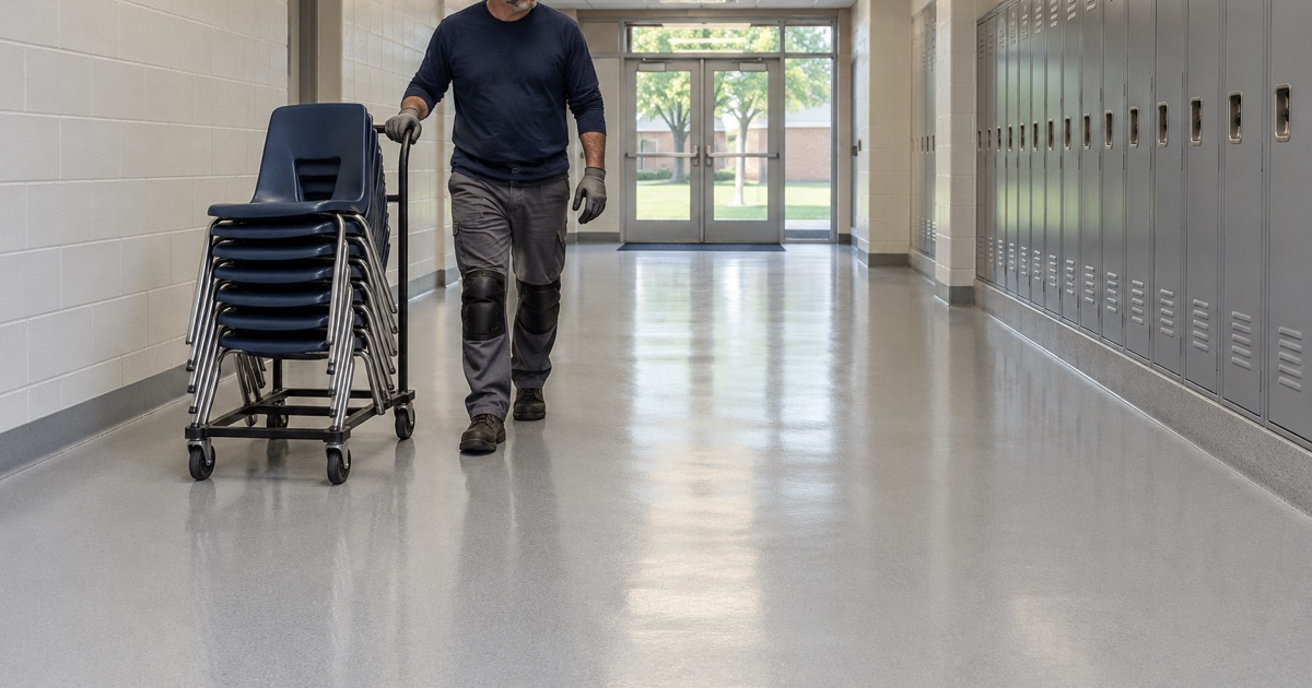 A coated campus corridor floor in River Forest, with the coving carried up the walls