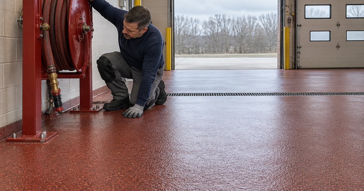 A coated fire station apparatus bay floor in Schiller Park, sloped to its trench drain