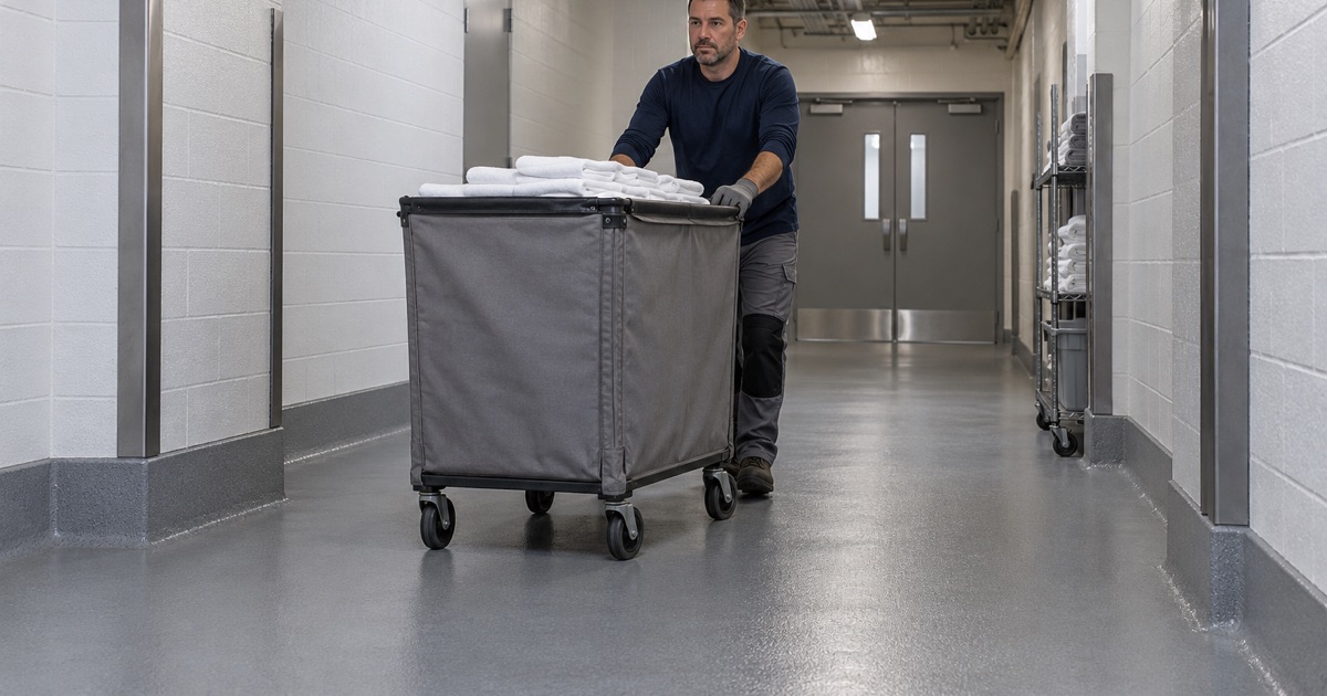 A laundry cart pushed down a coated back-of-house corridor in a Warrenville hotel, the floor sealed at a coved base.