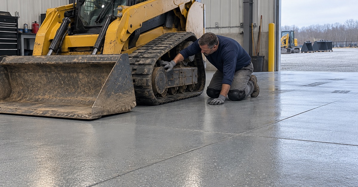 A coated equipment-dealer service shop floor in Wauconda, checked where a compact track loader’s steel tracks sit.