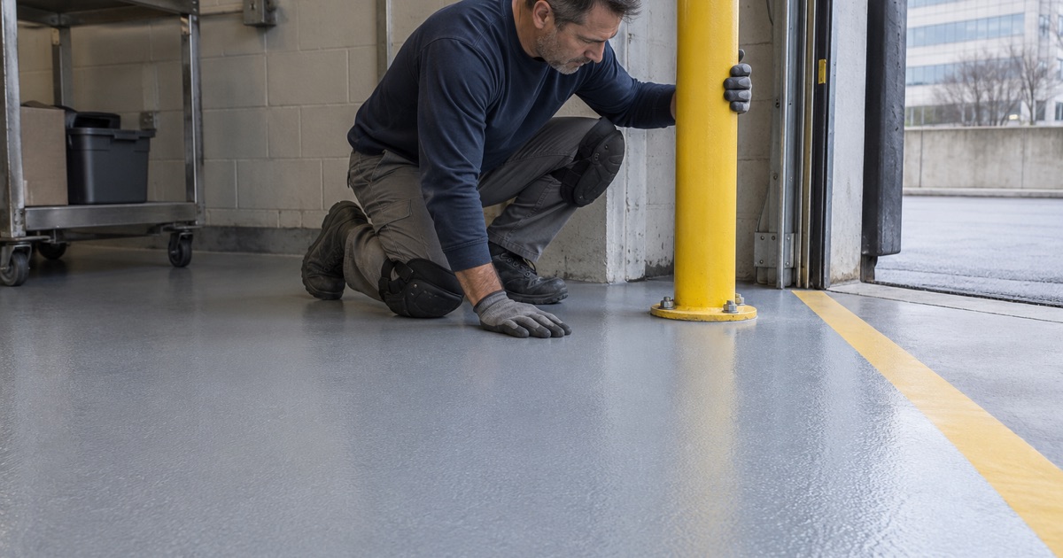 A newly coated loading dock floor at an office tower in Westchester, checked beside a steel bollard at the dock door.