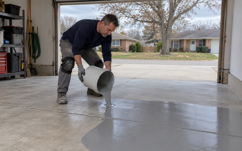 Gray epoxy base coat poured in a ribbon across a freshly ground garage slab in Palatine, the first coat going down.