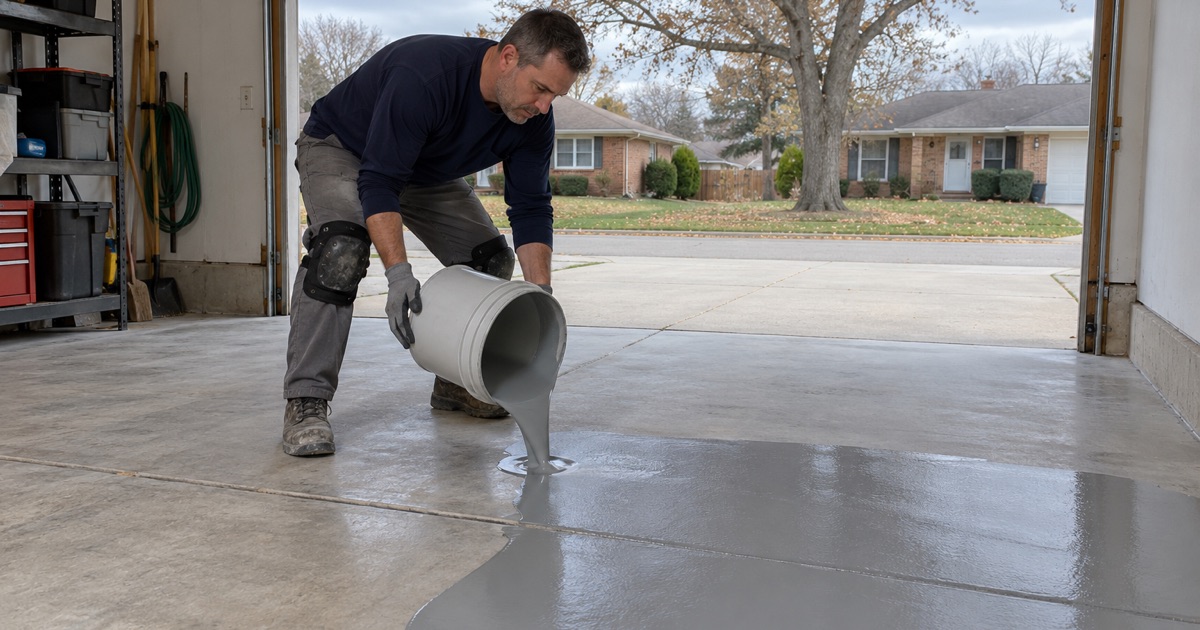Gray epoxy base coat poured in a ribbon across a freshly ground garage slab in Palatine, the first coat going down.