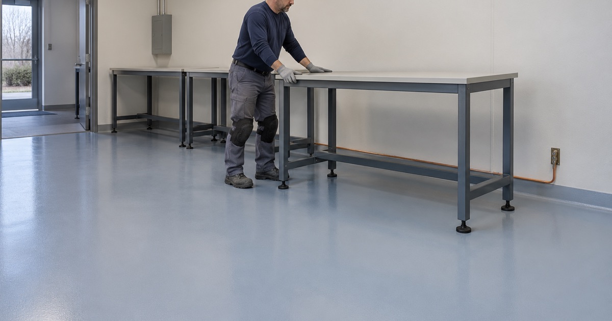 A static-safe workbench being set on a new dissipative floor in a small electronics assembly room near Palatine.