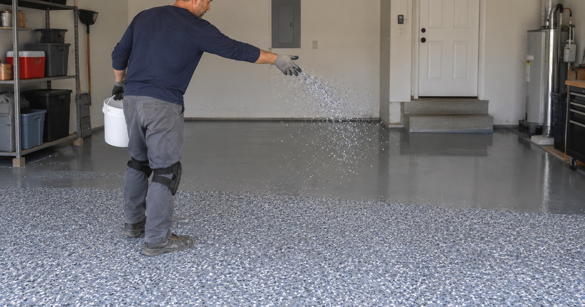 Vinyl flake cast by hand across a wet base coat in a Palatine garage, an arc of gray and blue chip mid-air.