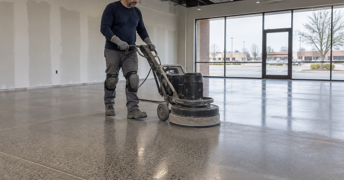 A walk-behind polisher on a polished concrete floor in a Palatine retail space, the last pass bringing up the sheen.